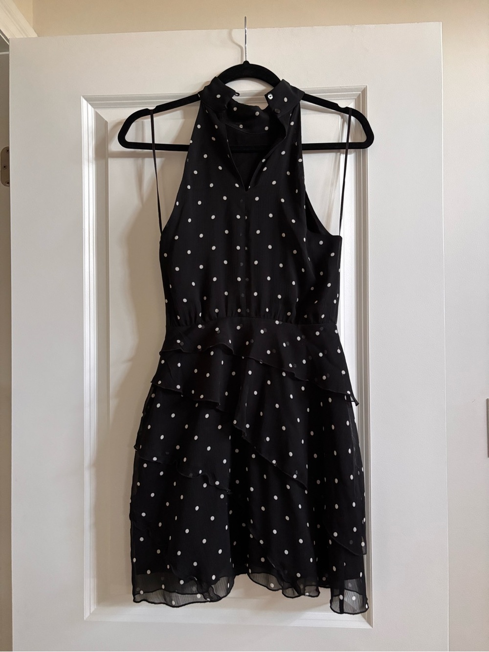 Anthropologie Black & White Polka Dot Halter Tiered Mini Dress
